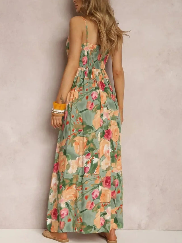 Floral Print Surplice Spaghetti Strap Maxi Dress.