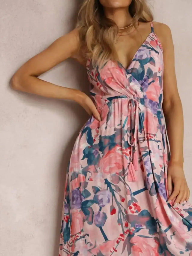 Floral Print Surplice Spaghetti Strap Maxi Dress.