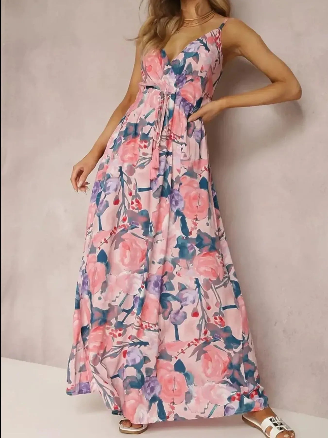 Floral Print Surplice Spaghetti Strap Maxi Dress.