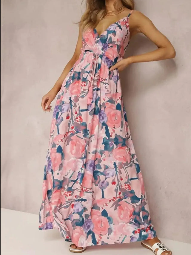 Floral Print Surplice Spaghetti Strap Maxi Dress.