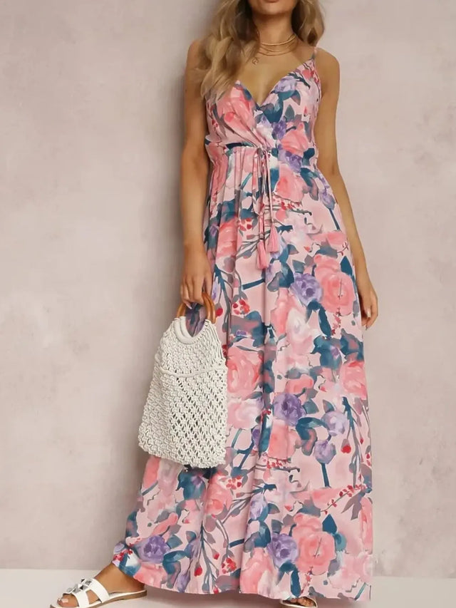 Floral Print Surplice Spaghetti Strap Maxi Dress.