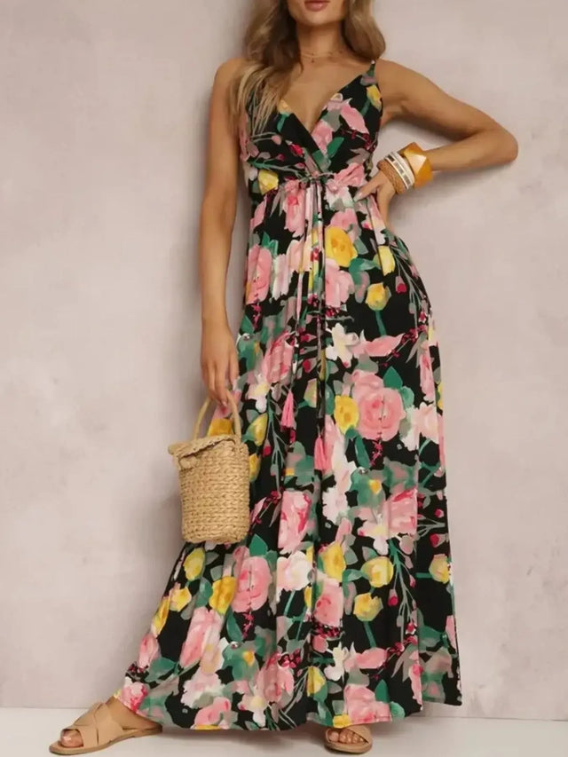 Floral Print Surplice Spaghetti Strap Maxi Dress.