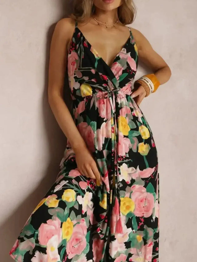 Floral Print Surplice Spaghetti Strap Maxi Dress.