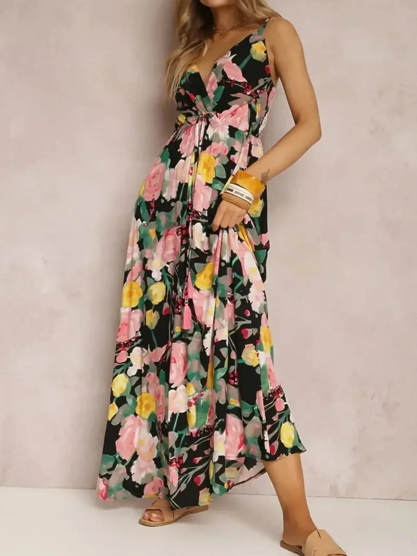 Floral Print Surplice Spaghetti Strap Maxi Dress.