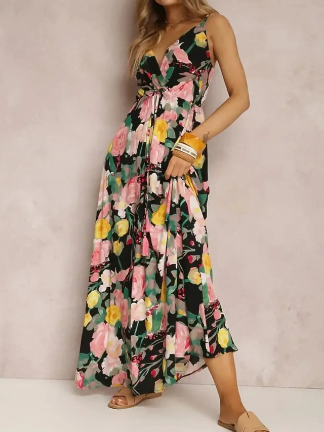 Floral Print Surplice Spaghetti Strap Maxi Dress.