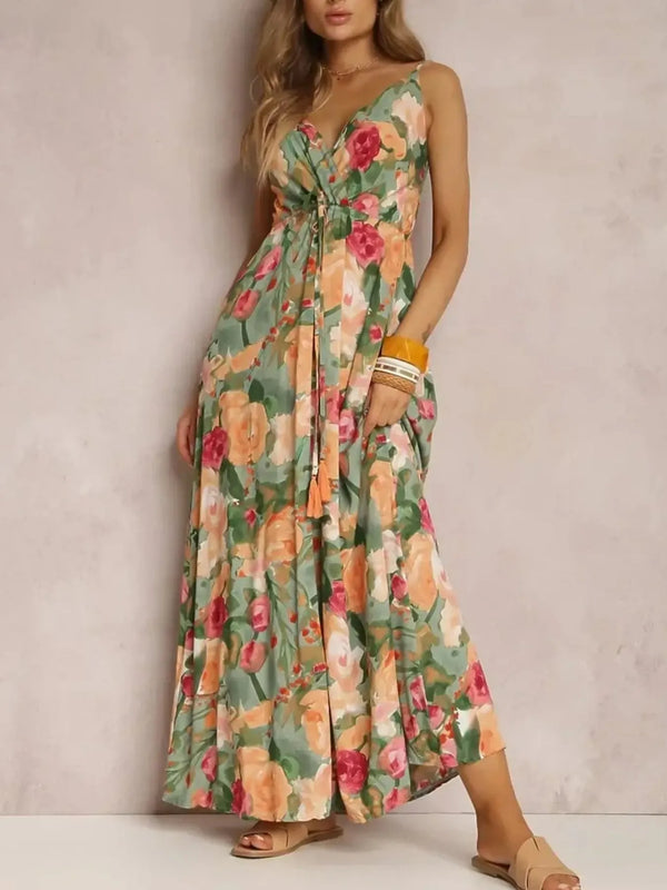 Floral Print Surplice Spaghetti Strap Maxi Dress.