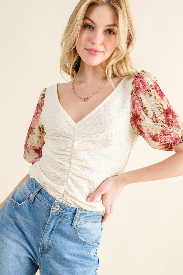 And The Why full size floral print textured sleeve knit top.