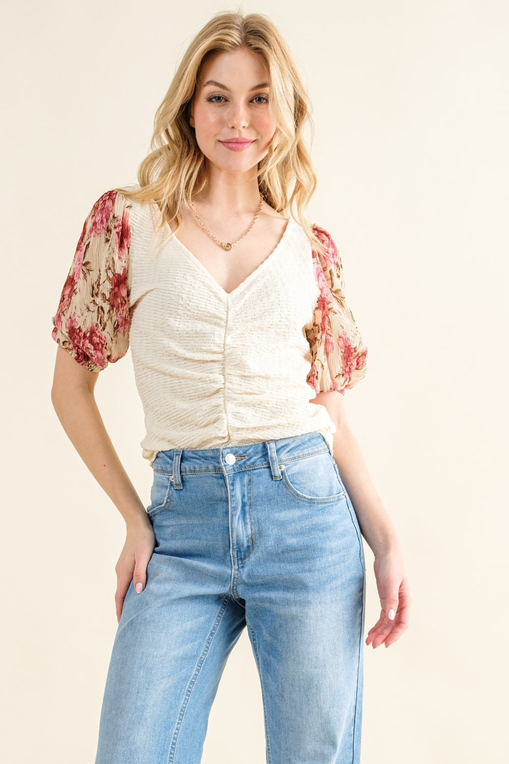 And The Why full size floral print textured sleeve knit top.
