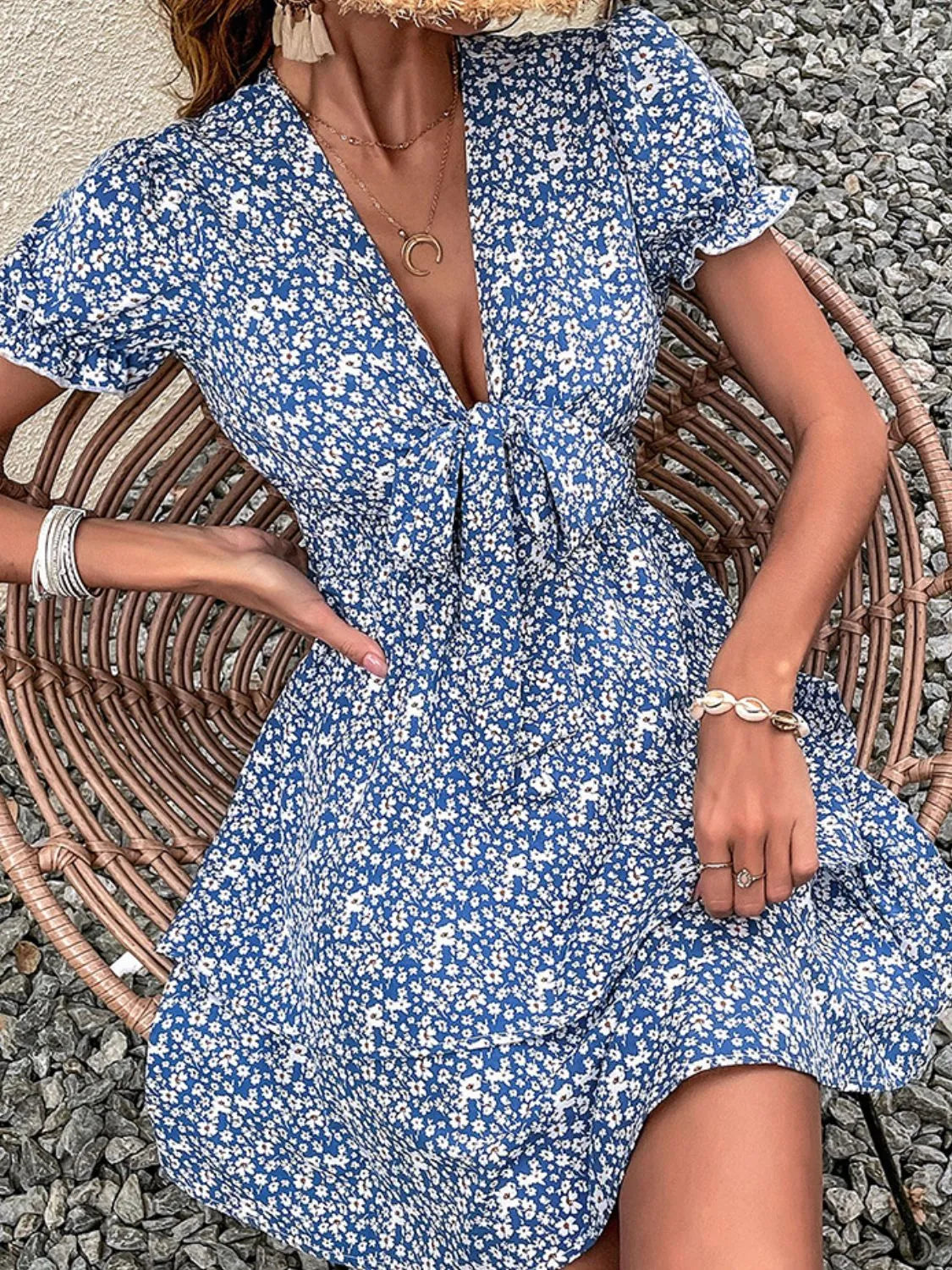 Floral Print Tie-Front Mini Dress with Flutter Sleeves.