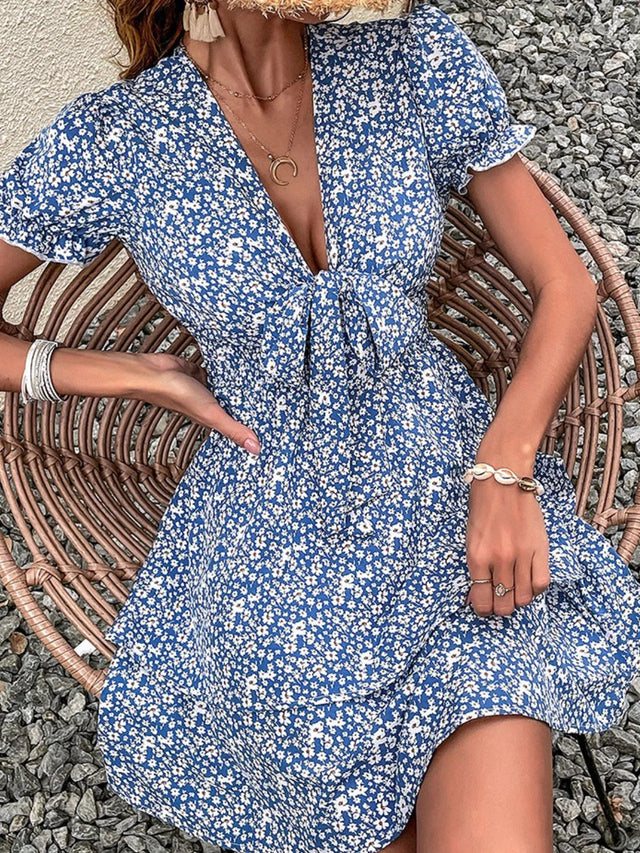 Floral Print Tie-Front Mini Dress with Flutter Sleeves.