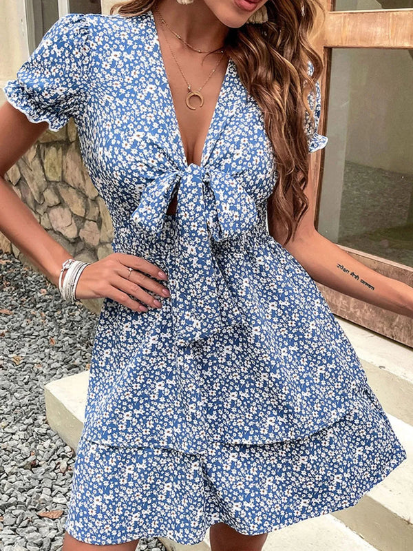 Floral Print Tie-Front Mini Dress with Flutter Sleeves.