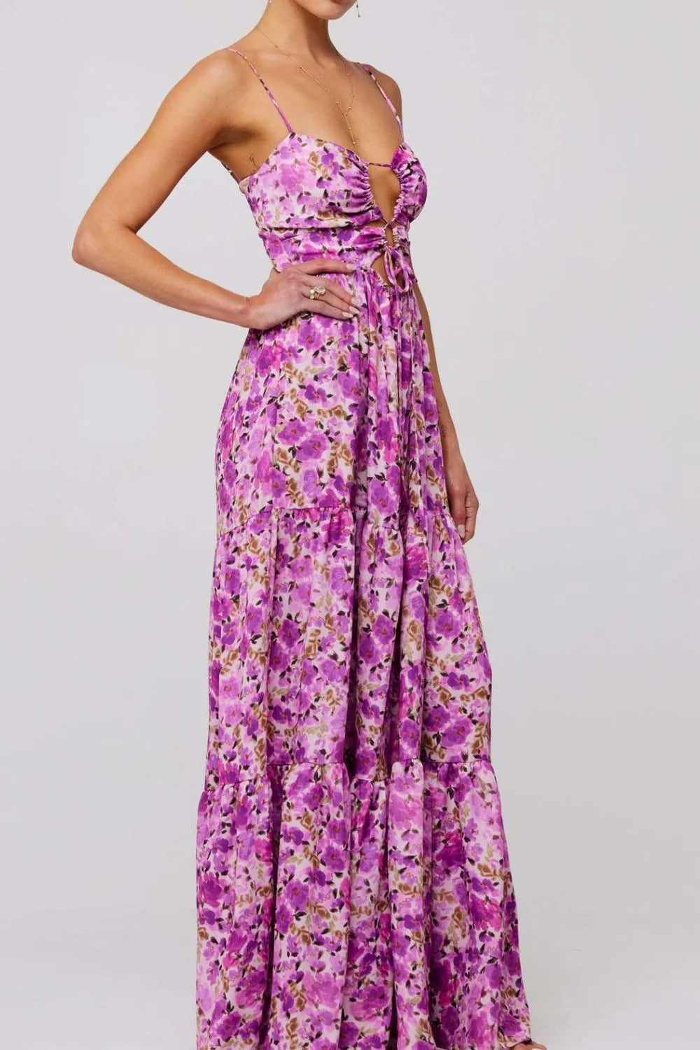 Floral Print Tie Front Tiered Maxi Dress.