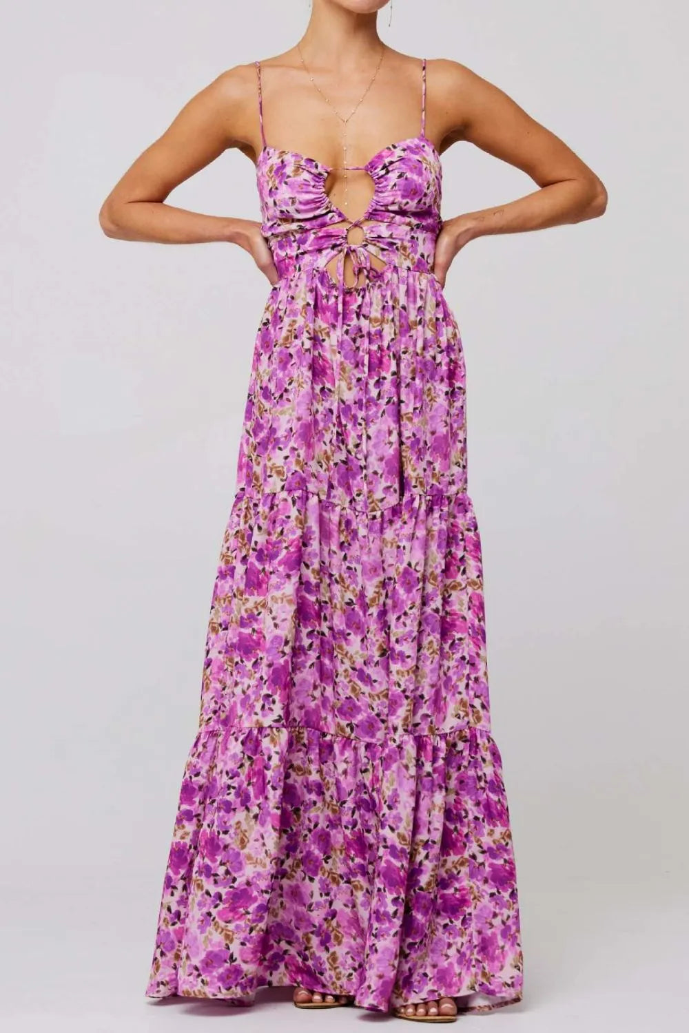 Floral Print Tie Front Tiered Maxi Dress.