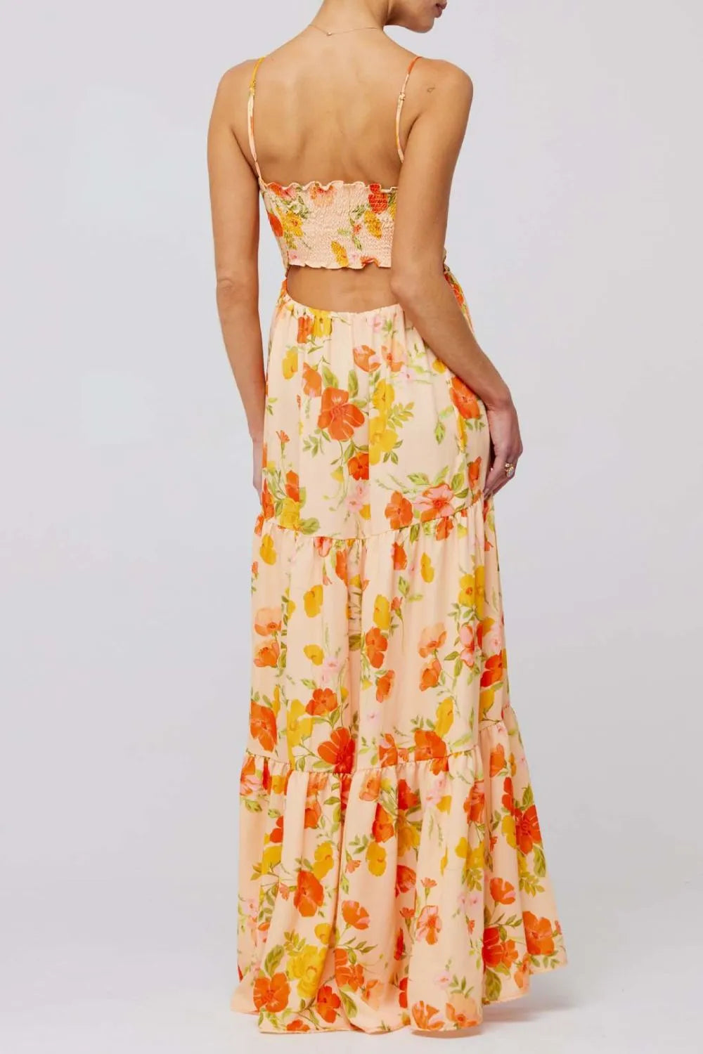 Floral Print Tie Front Tiered Maxi Dress.