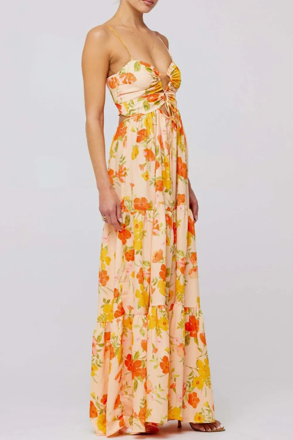 Floral Print Tie Front Tiered Maxi Dress.