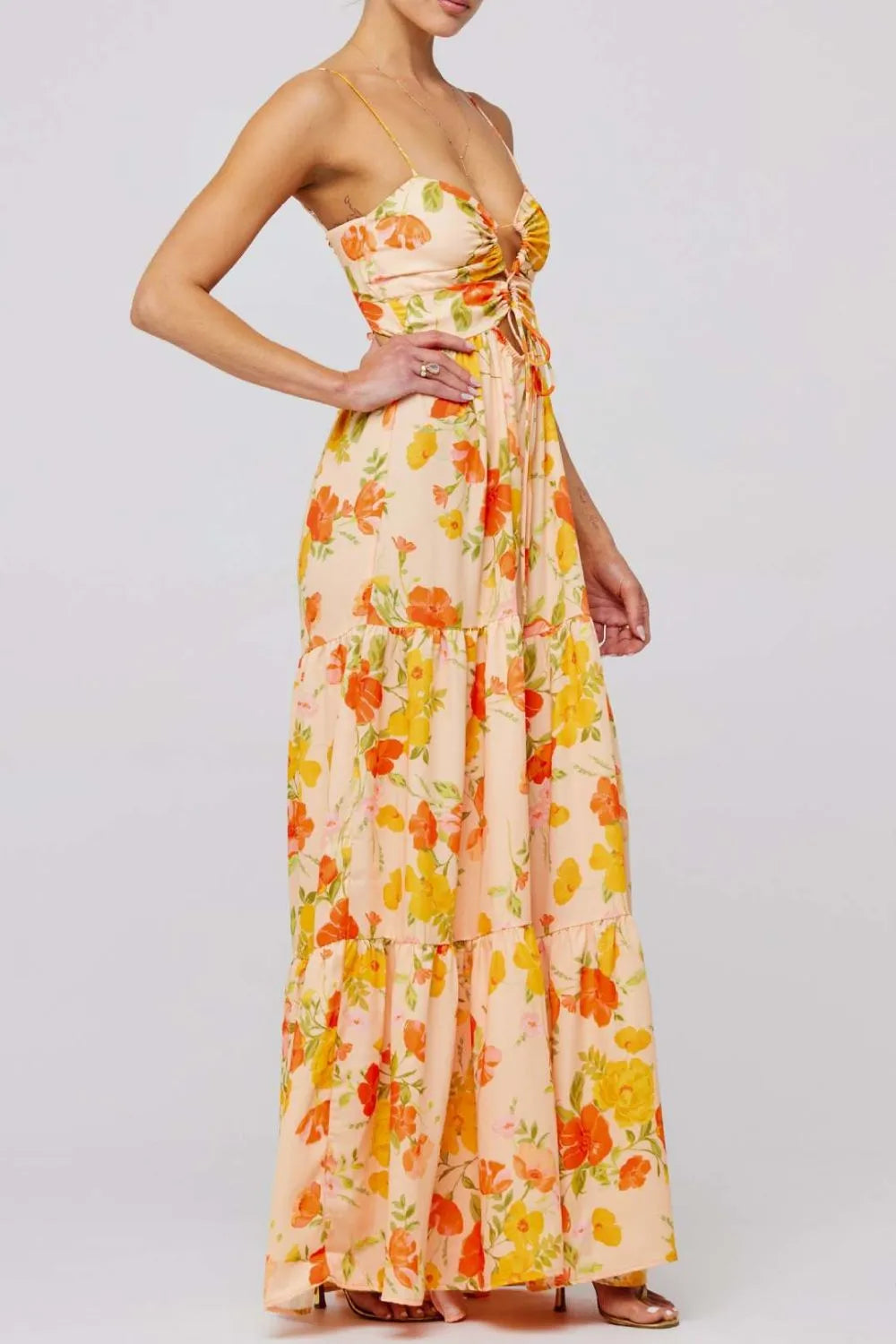 Floral Print Tie Front Tiered Maxi Dress.