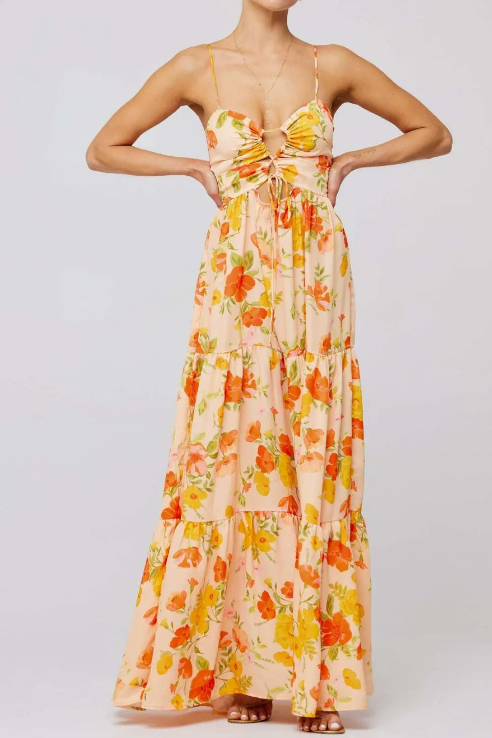 Floral Print Tie Front Tiered Maxi Dress.