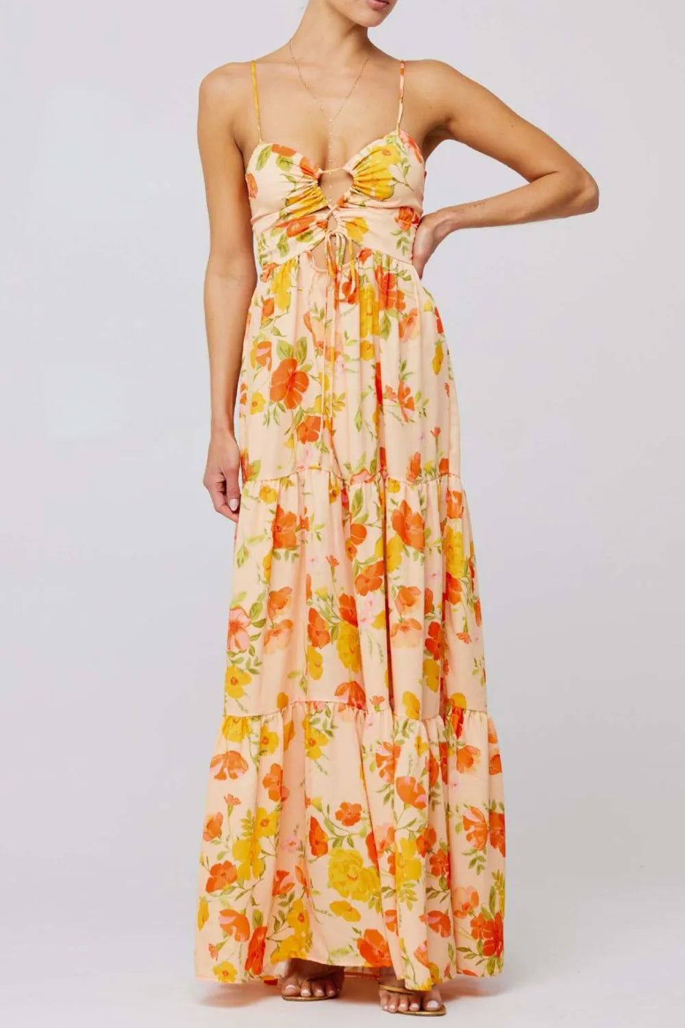 Floral Print Tie Front Tiered Maxi Dress.