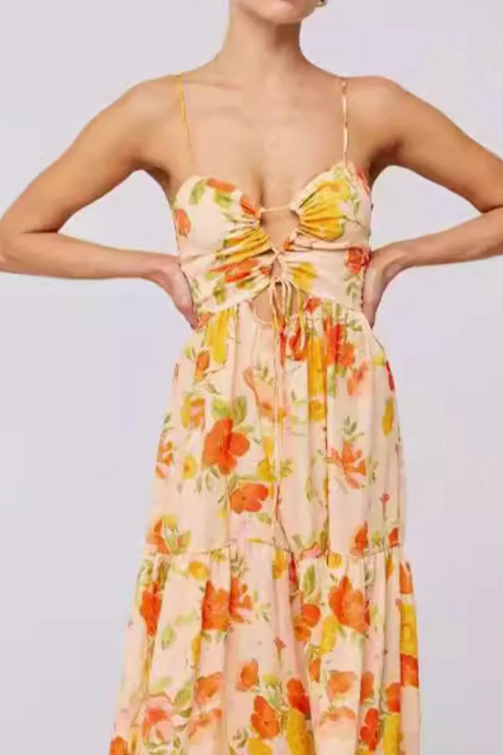 Floral Print Tie Front Tiered Maxi Dress.