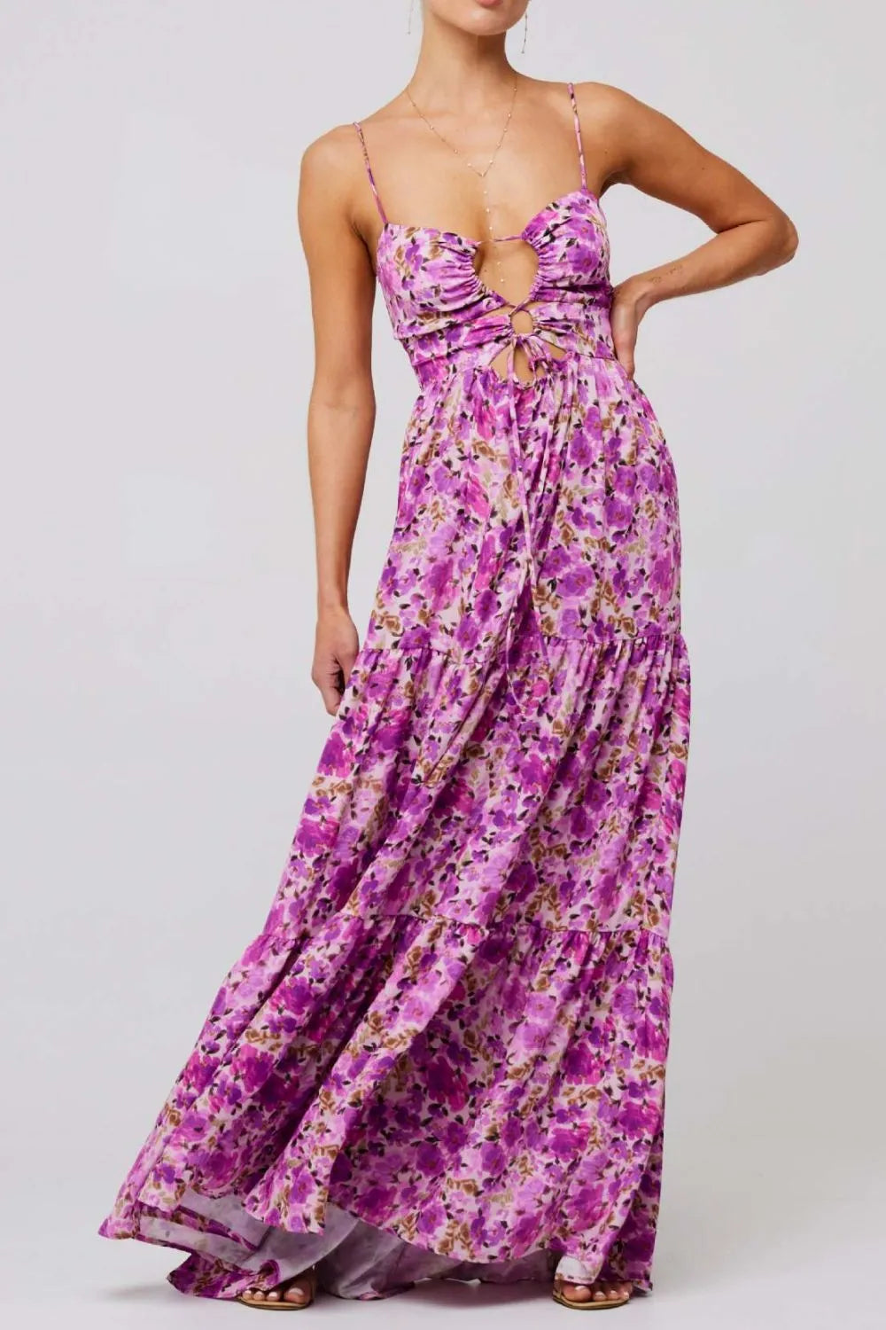 Floral Print Tie Front Tiered Maxi Dress.