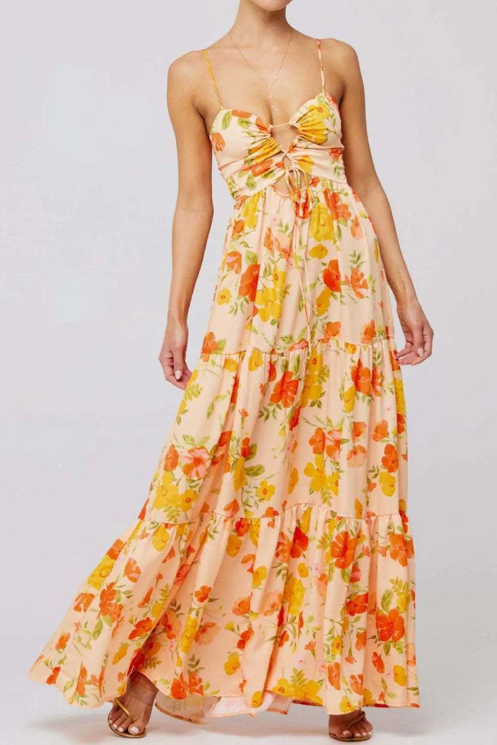 Floral Print Tie Front Tiered Maxi Dress.