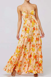 Floral Print Tie Front Tiered Maxi Dress.