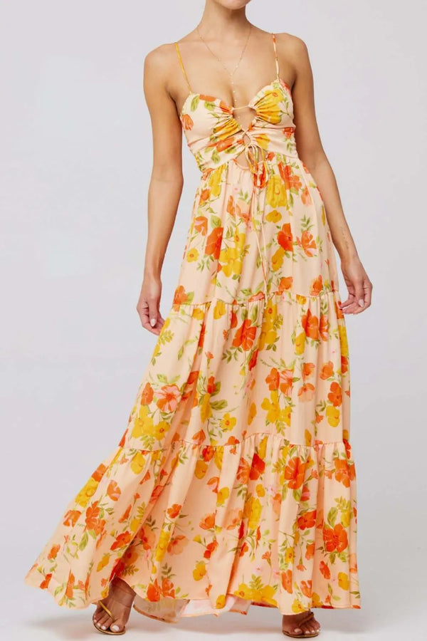 Floral Print Tie Front Tiered Maxi Dress.