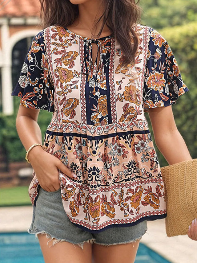 Floral Print Tie Neck Flutter Sleeve Blouse.