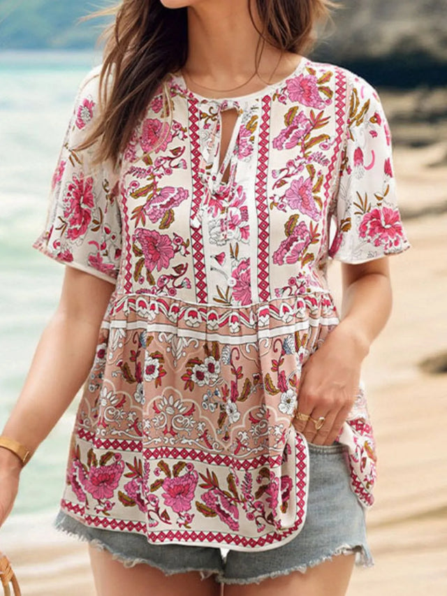 Floral Print Tie Neck Flutter Sleeve Blouse.