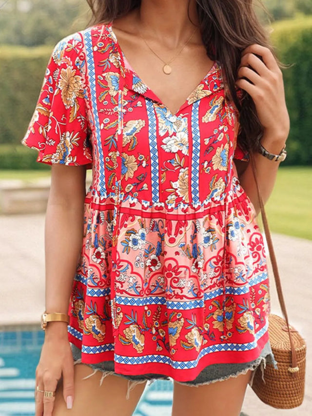 Floral Print Tie Neck Flutter Sleeve Blouse.