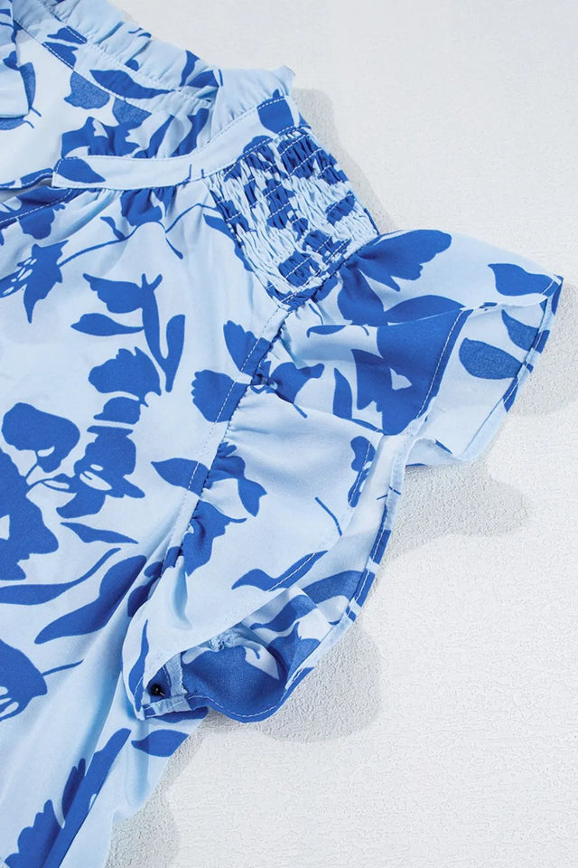 Floral Print Tiered Frilled Trim Flutter Sleeve Dress.