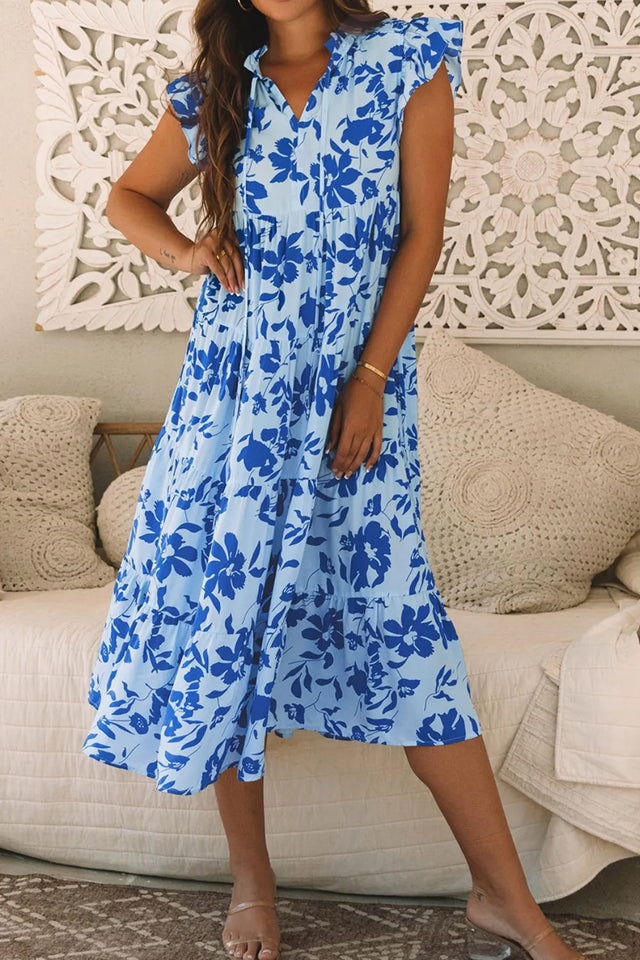 Floral Print Tiered Frilled Trim Flutter Sleeve Dress.