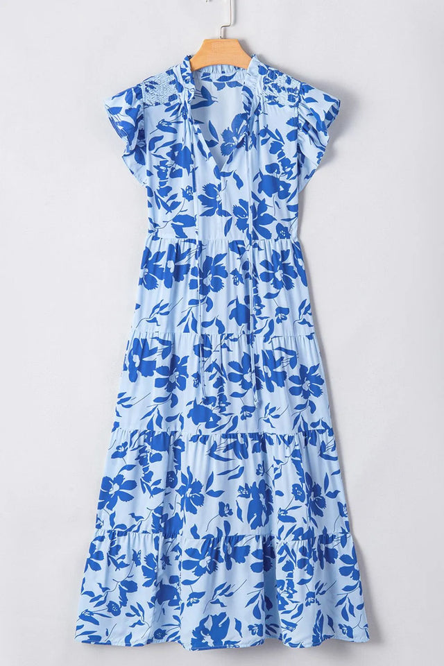 Floral Print Tiered Frilled Trim Flutter Sleeve Dress.