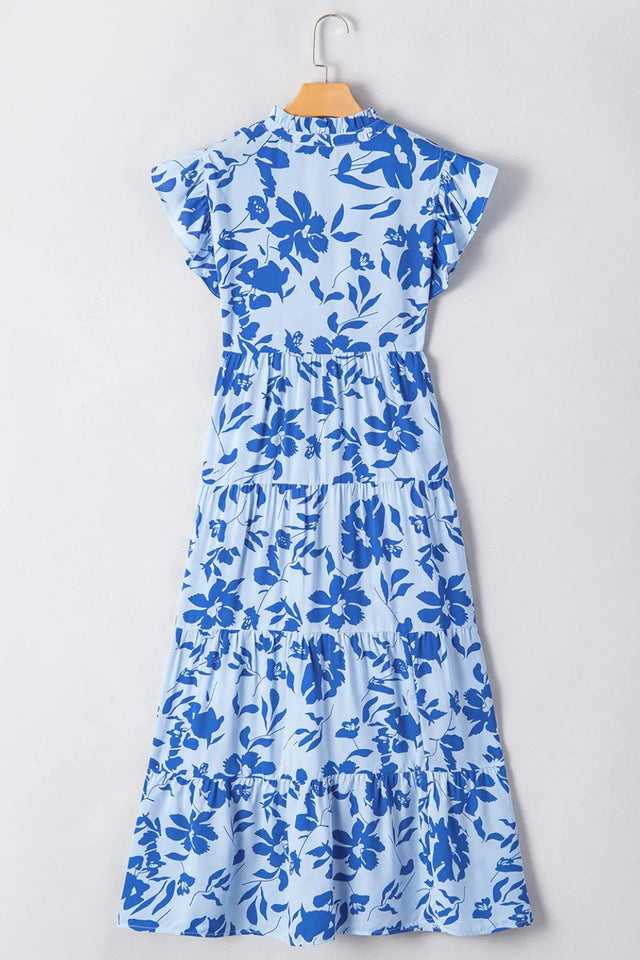 Floral Print Tiered Frilled Trim Flutter Sleeve Dress.