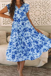 Floral Print Tiered Frilled Trim Flutter Sleeve Dress.