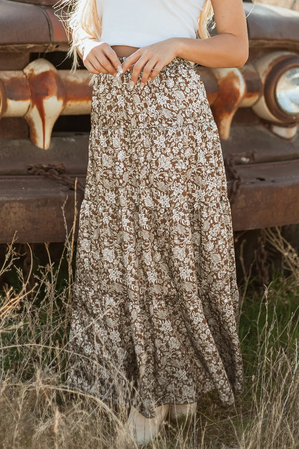 Floral Print Tiered Maxi Skirt.