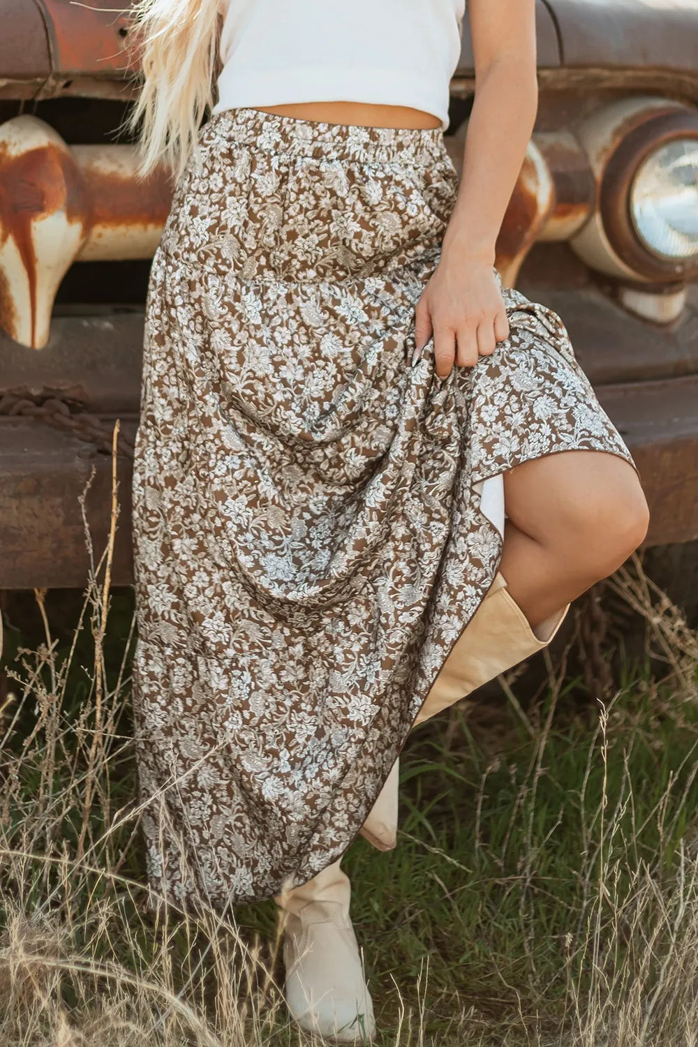 Floral Print Tiered Maxi Skirt.