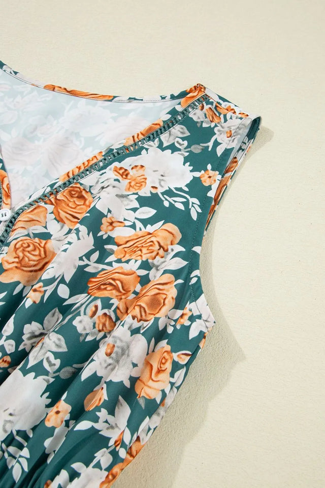 Floral Print Trimmed V Neck Tie Waist Sleeveless Dress.