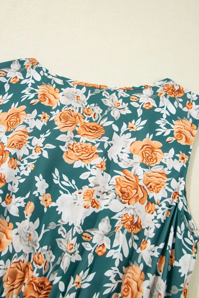 Floral Print Trimmed V Neck Tie Waist Sleeveless Dress.