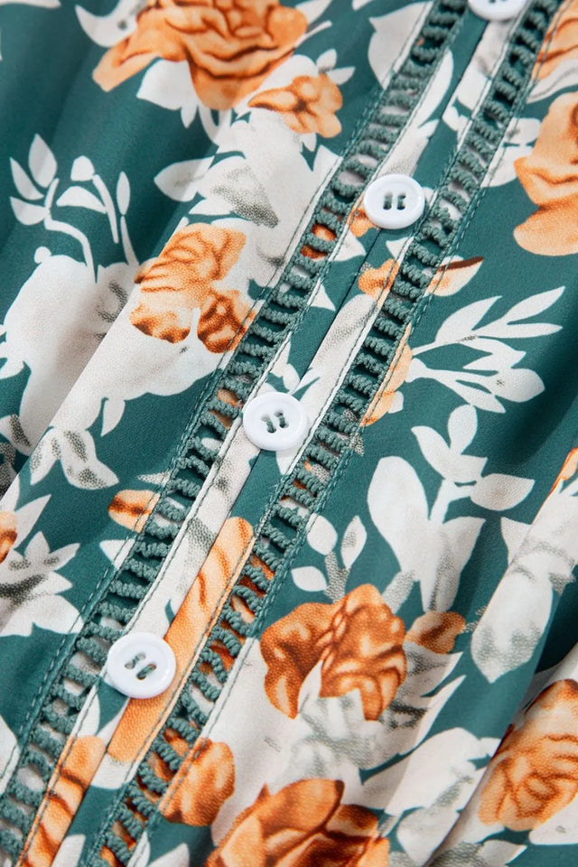 Floral Print Trimmed V Neck Tie Waist Sleeveless Dress.