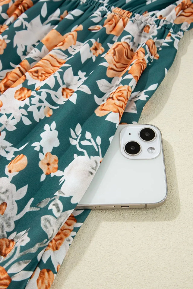 Floral Print Trimmed V Neck Tie Waist Sleeveless Dress.