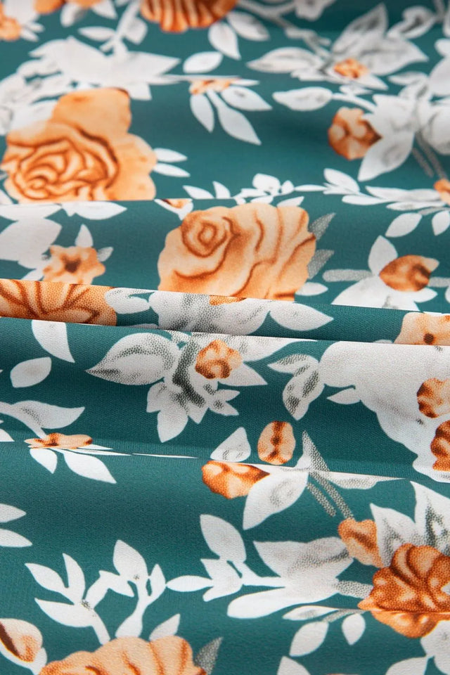 Floral Print Trimmed V Neck Tie Waist Sleeveless Dress.