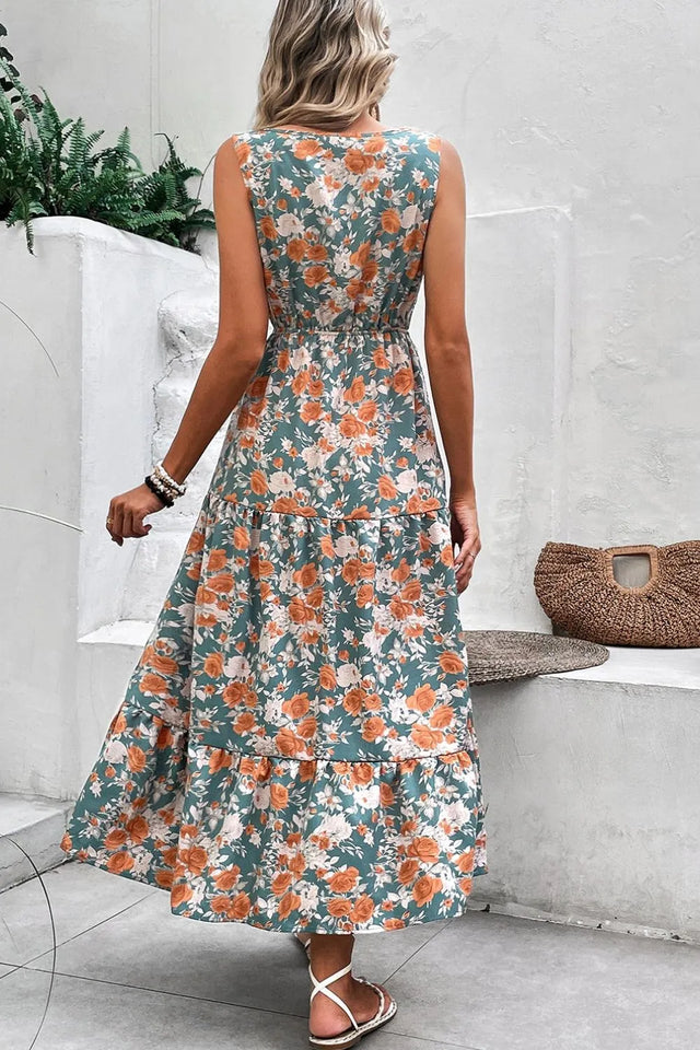 Floral Print Trimmed V Neck Tie Waist Sleeveless Dress.
