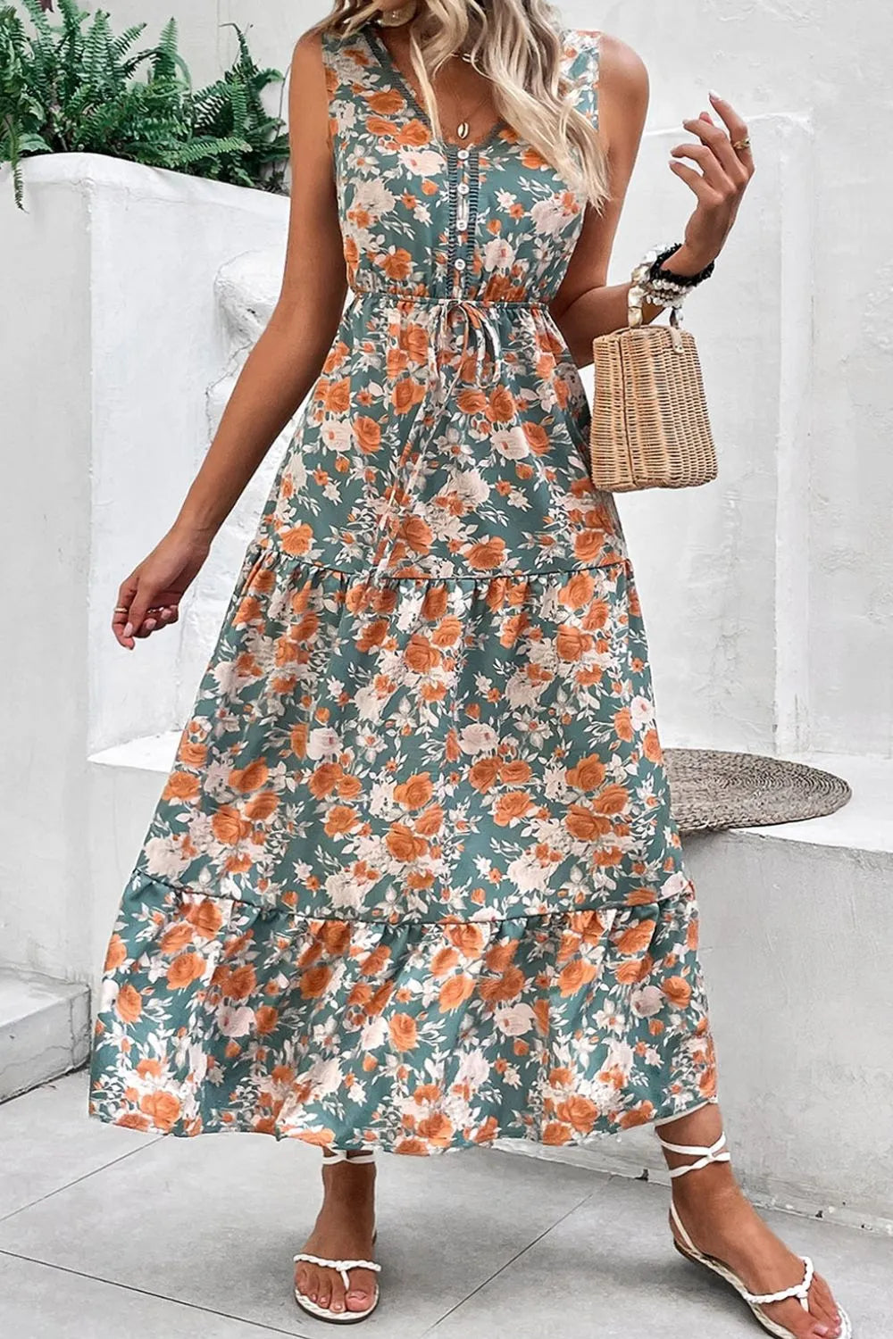 Floral Print Trimmed V Neck Tie Waist Sleeveless Dress.