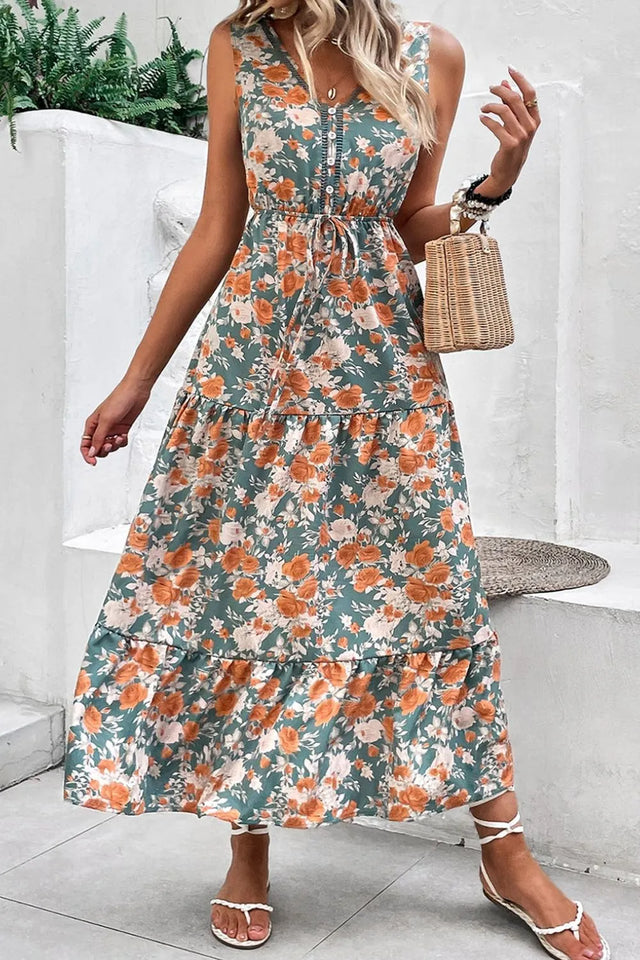 Floral Print Trimmed V Neck Tie Waist Sleeveless Dress.