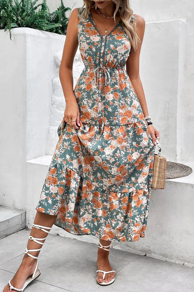 Floral Print Trimmed V Neck Tie Waist Sleeveless Dress.