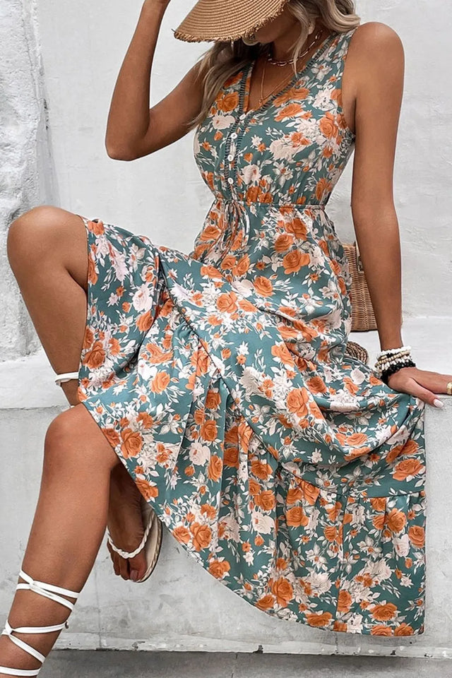 Floral Print Trimmed V Neck Tie Waist Sleeveless Dress.
