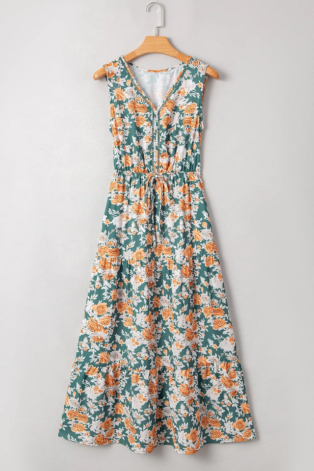 Floral Print Trimmed V Neck Tie Waist Sleeveless Dress.
