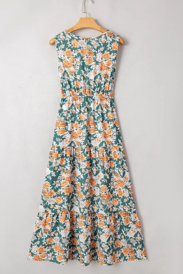 Floral Print Trimmed V Neck Tie Waist Sleeveless Dress.