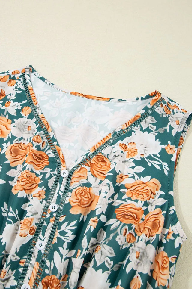Floral Print Trimmed V Neck Tie Waist Sleeveless Dress.